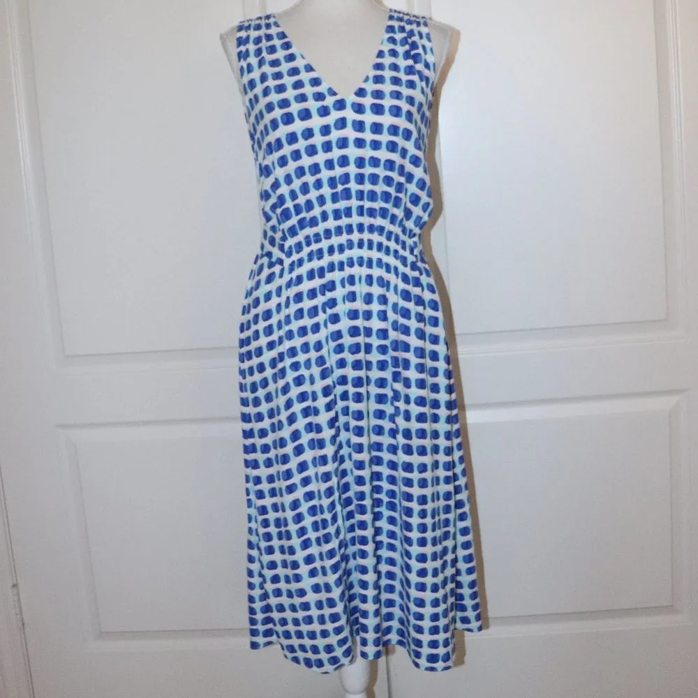 Kate Spade Blue White Island Stamp Tie Back Sleeveless Dress Size Medium